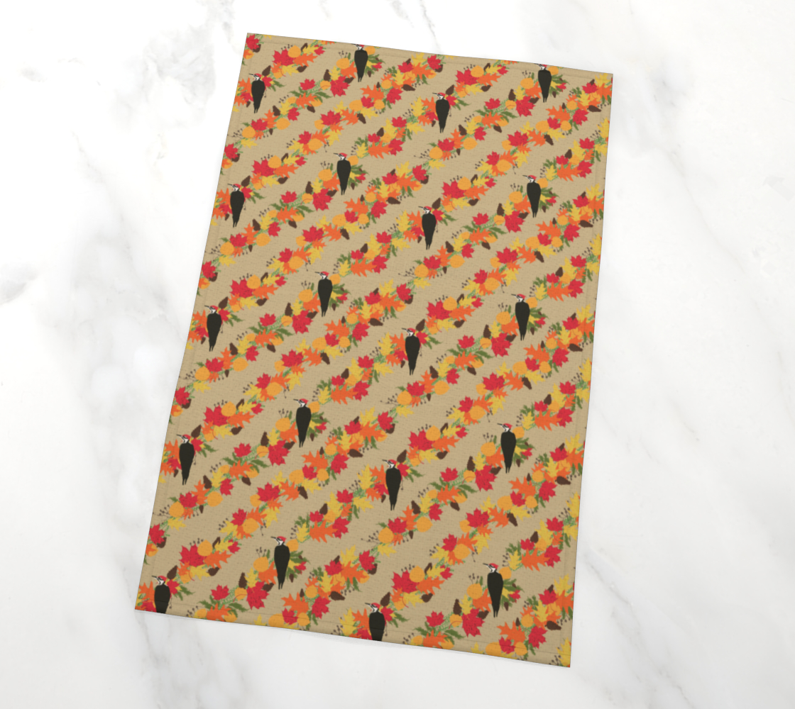Autumnal woodpecker tea towel