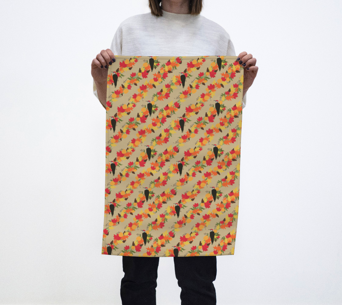 Autumnal woodpecker tea towel