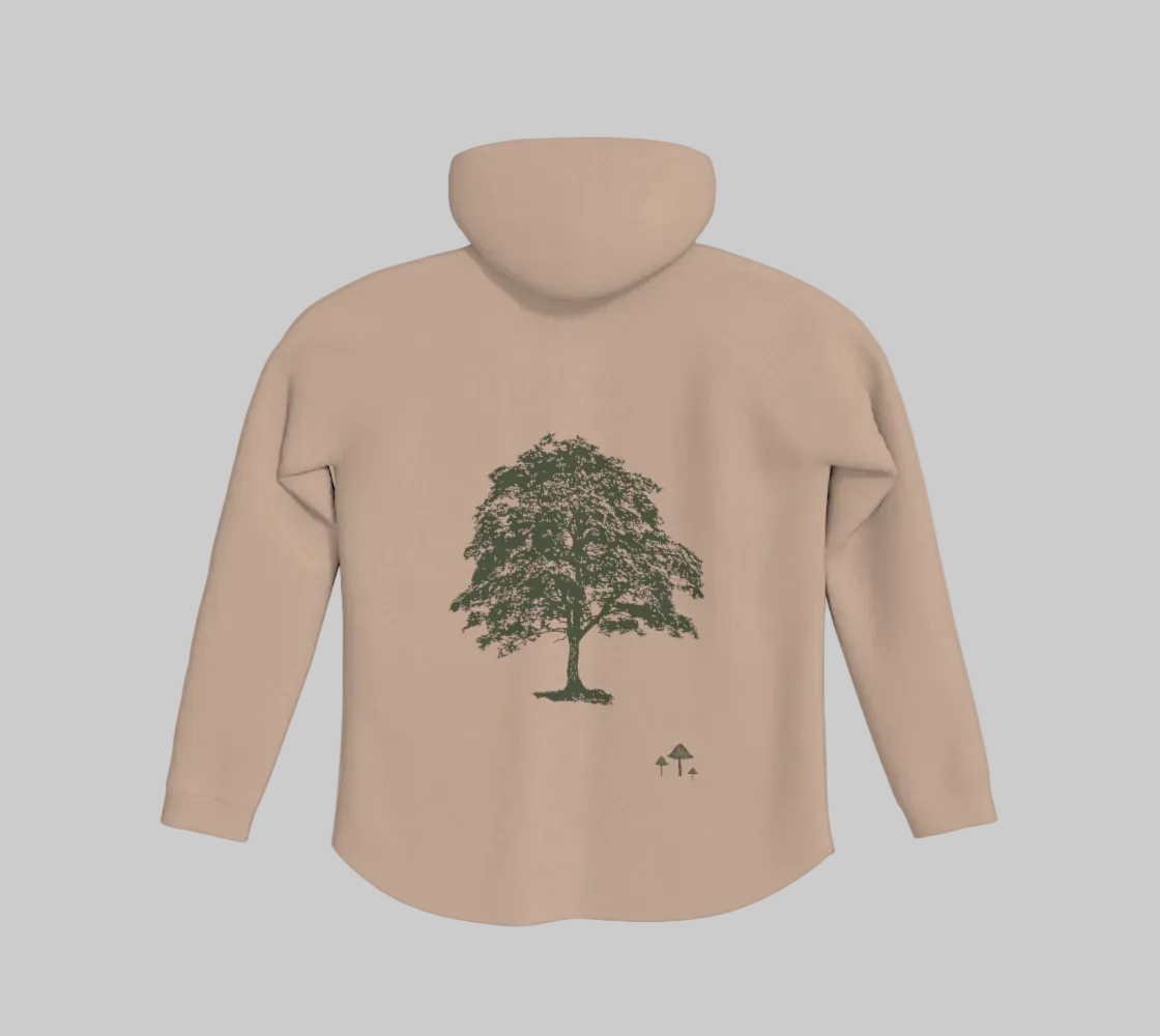 Blush coloured hoodie with green tree and mushroom motifs on the back.