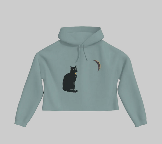 Sage green cropped hoodie with a black cat and crescent moon on the front.
