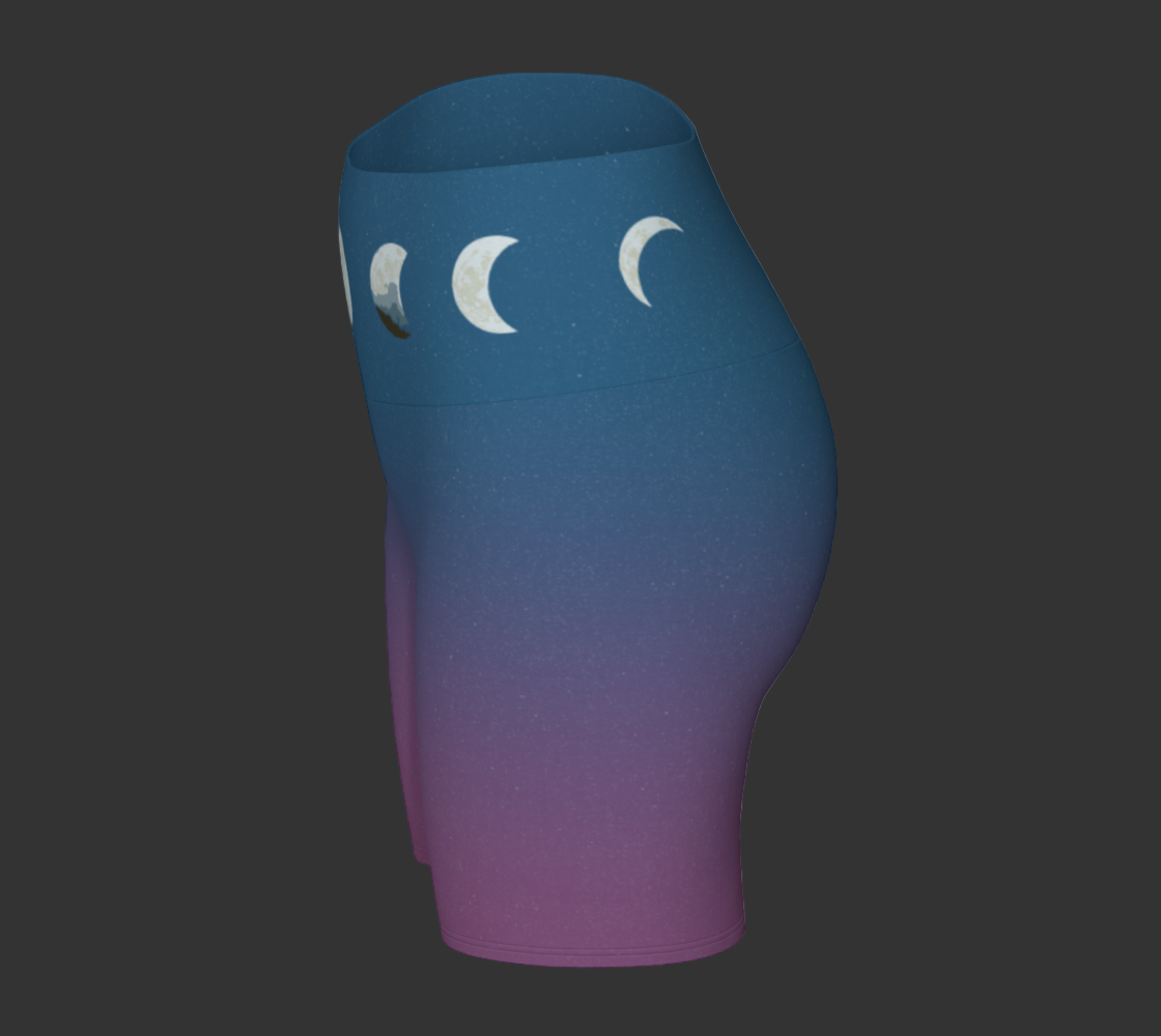 Gradient blue to purple shorts with moon phase design on a light gray background