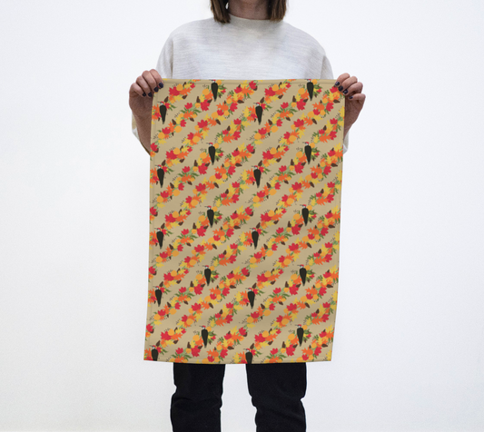 Autumnal woodpecker tea towel