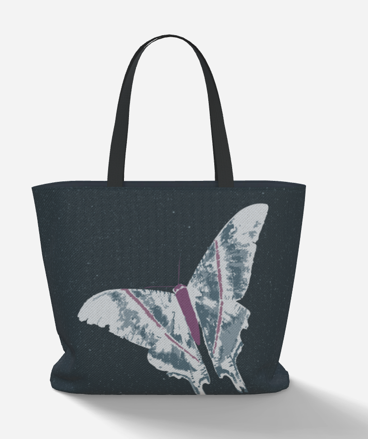 Large tote bag with purple and blue moth on a navy background with stars.