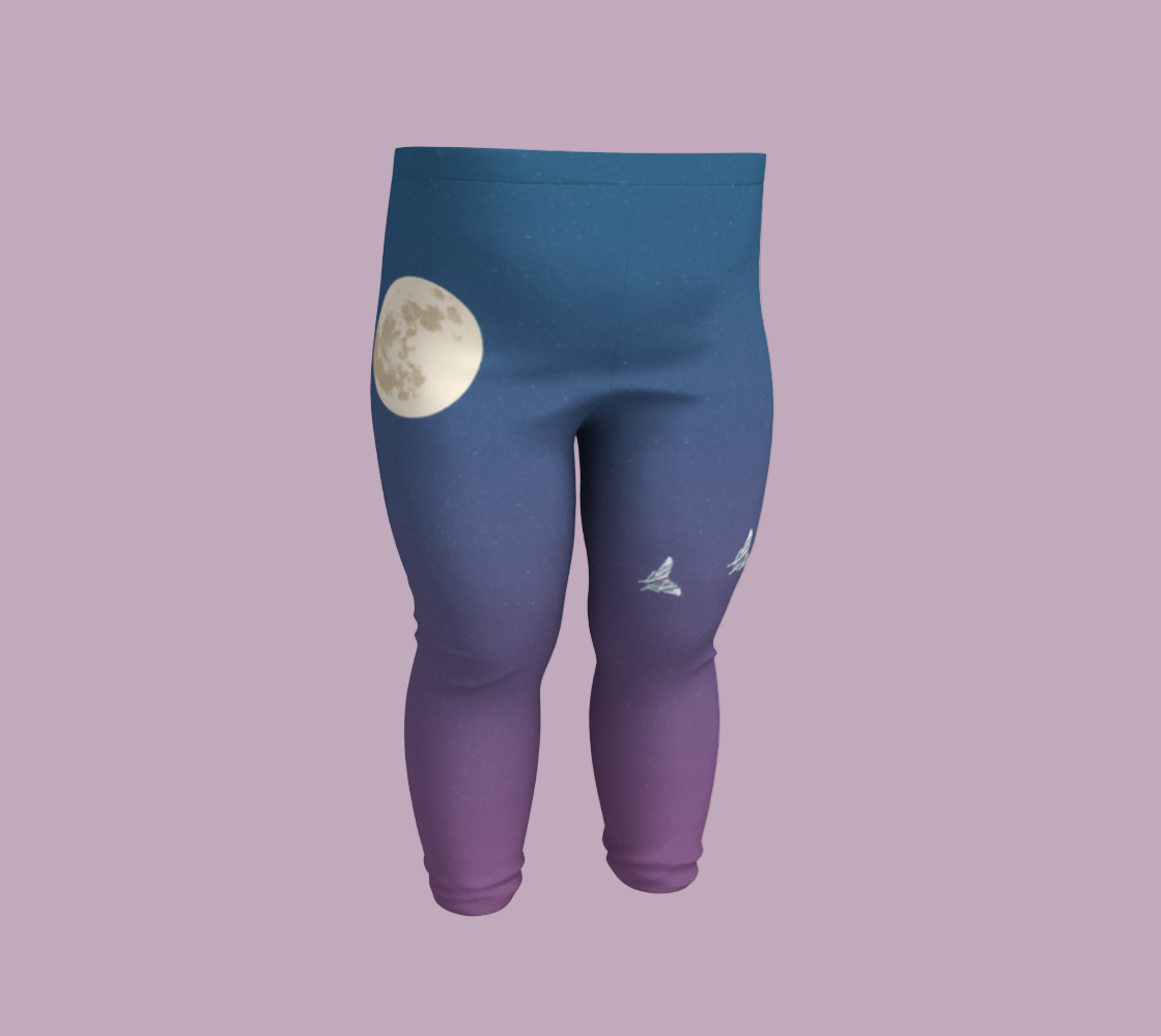 Front of baby leggings with blue and purple gradient featuring a moon on the right hip and moth flying in a crescent on the left leg. Size for a 12 month old.