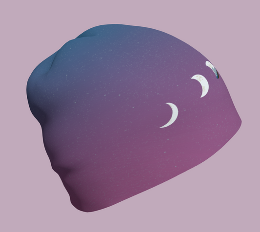 Blue and purple beanie with moon phases across the front.