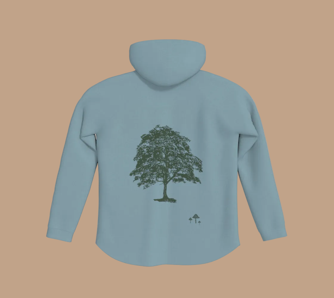 Blue hoodie with green tree and mushroom motifs on the back.