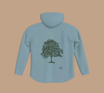 Blue hoodie with green tree and mushroom motifs on the back.
