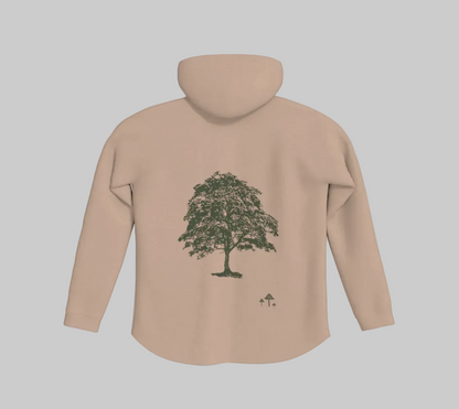 Blush coloured hoodie with green tree and mushroom motifs on the back.
