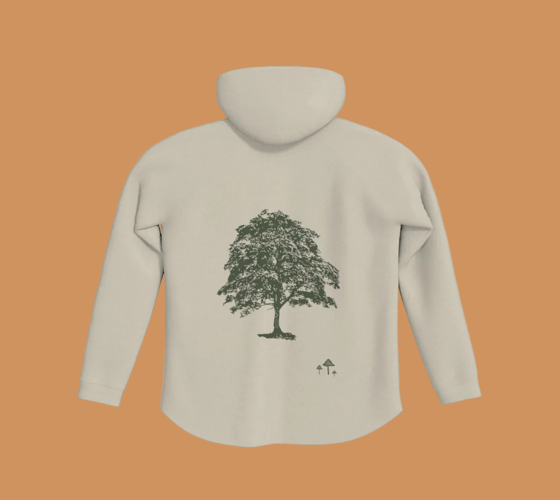 Bone coloured hoodie with green tree and mushroom motifs on the back.