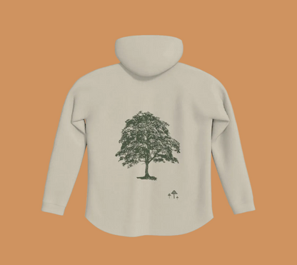 Bone coloured hoodie with green tree and mushroom motifs on the back.