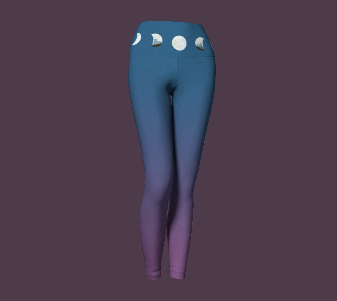 Front of blue and purple gradient yoga leggings with moon phases motif at waist.