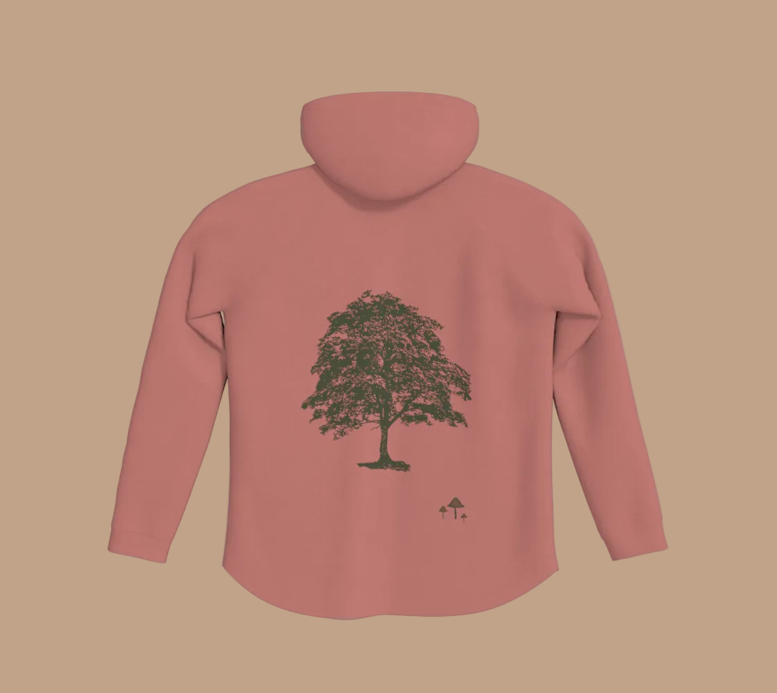 Pink hoodies with green tree and mushroom motifs on the back.