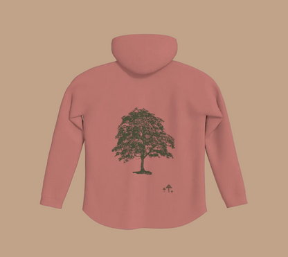 Pink hoodies with green tree and mushroom motifs on the back.