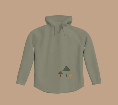 Sage green hoodie with three mushrooms in the lower left quadrant.