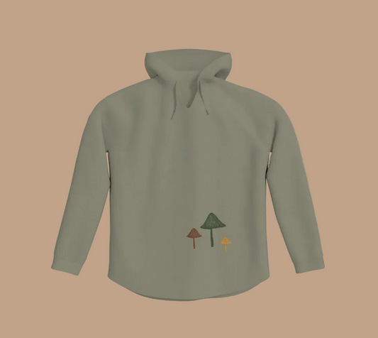 Sage green hoodie with three mushrooms in the lower left quadrant.